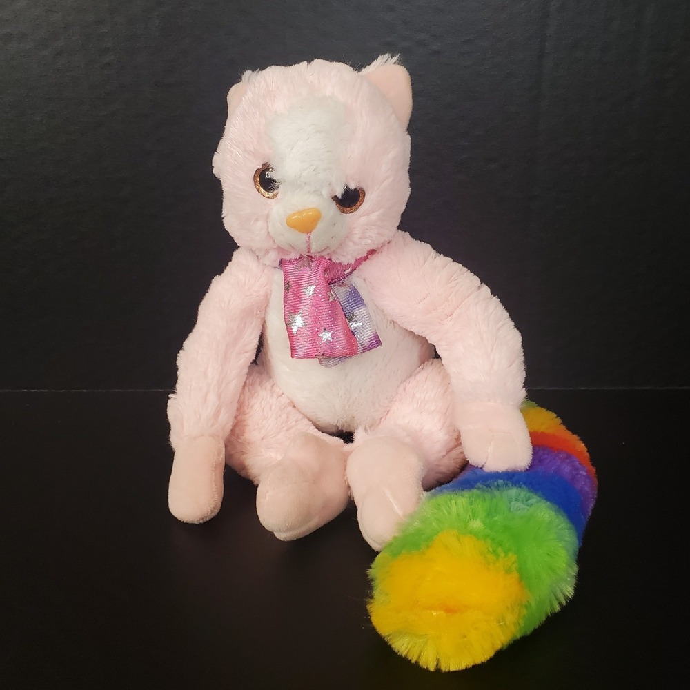 Nanco Sitting 8" Light Pink Cat Plush Long Fluffy Rainbow Tail Metallic Scarf‎